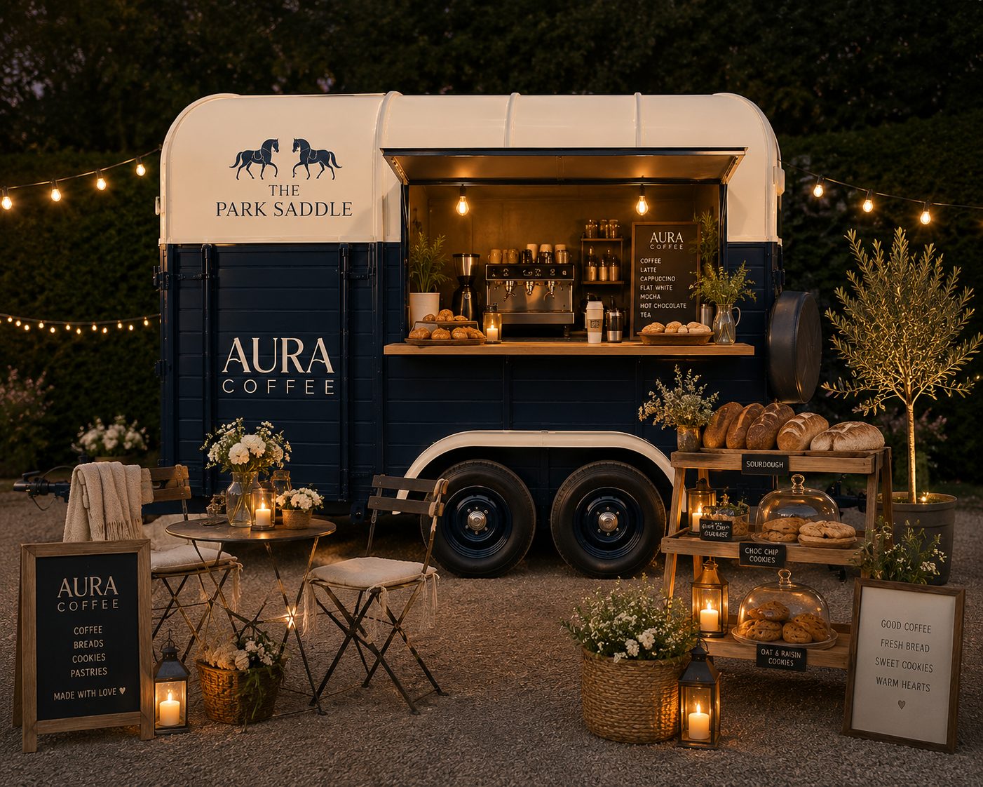 The AURA Coffee horsebox at dusk