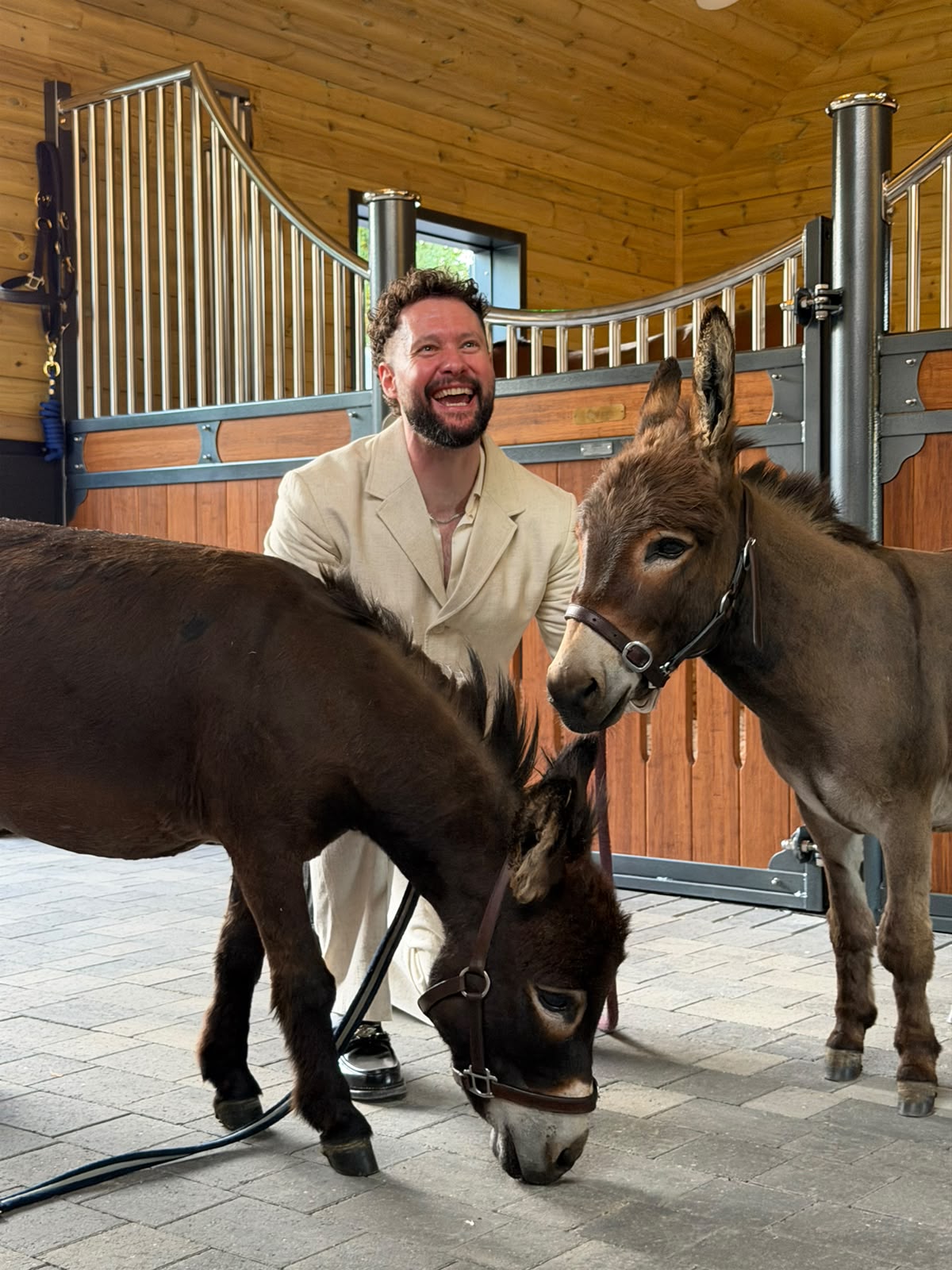 The Doolittle Donkeys making a visitor laugh inside the stables